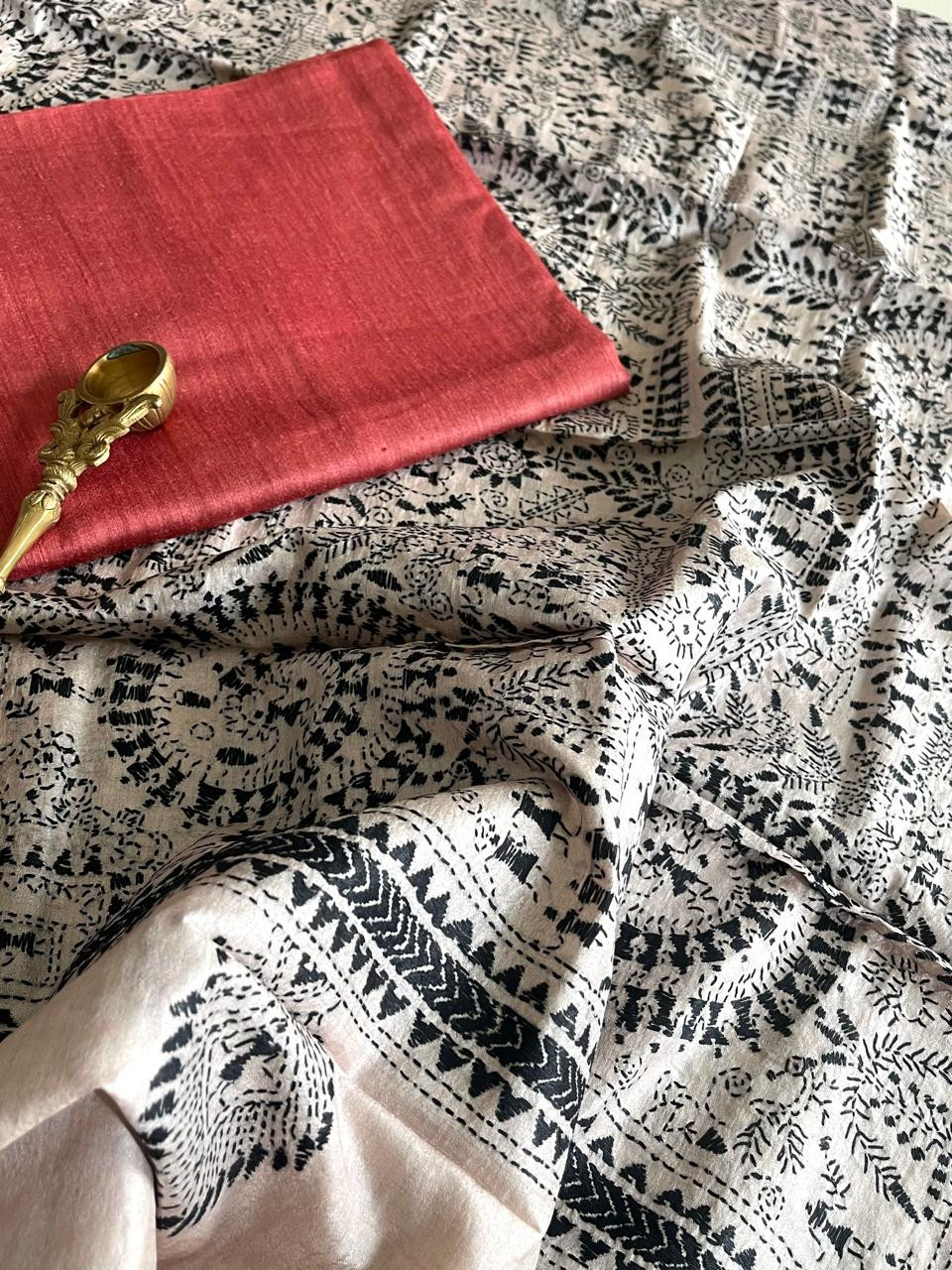 Hand Embroidered Kantha Silk Dupatta with Silk Kurta - With Tomato Red Kurta