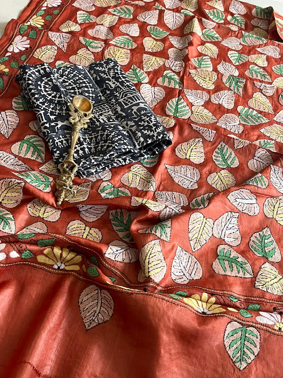 Hand Embroidered Kantha Silk Dupatta with Silk Kurta - With Black Kurta