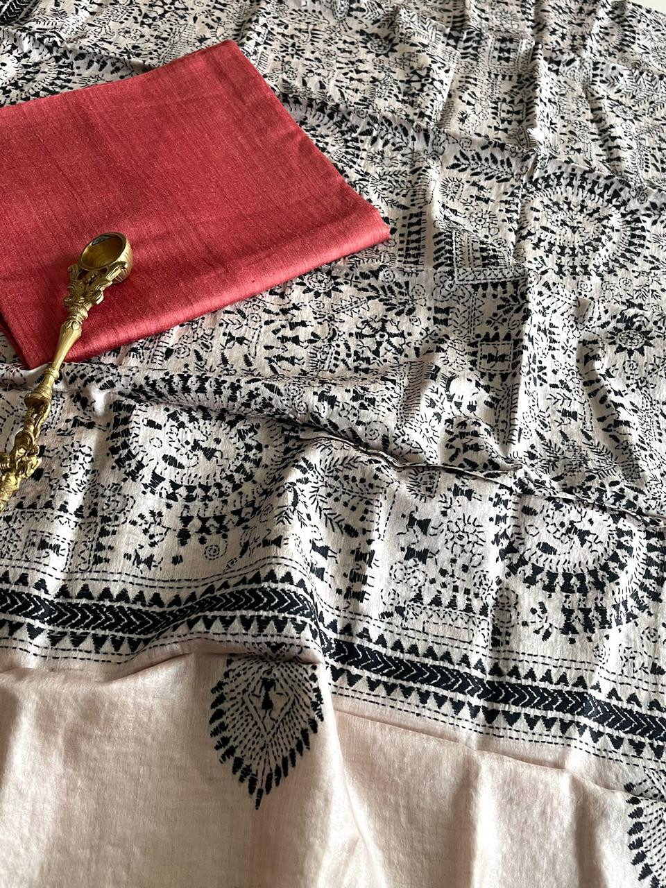 Hand Embroidered Kantha Silk Dupatta with Silk Kurta - With Tomato Red Kurta