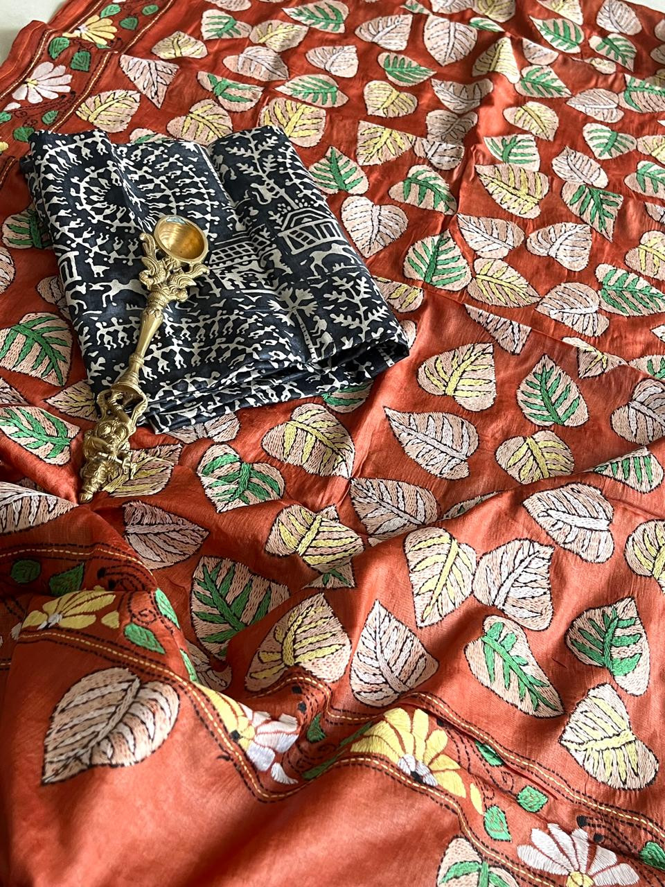 Hand Embroidered Kantha Silk Dupatta with Silk Kurta - With Black Kurta
