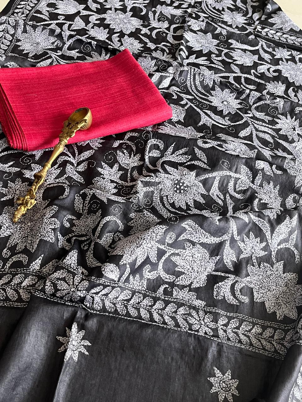 Hand Embroidered Kantha Silk Dupatta in Steel Grey with Silk Kurta - With Tomato Red Kurta