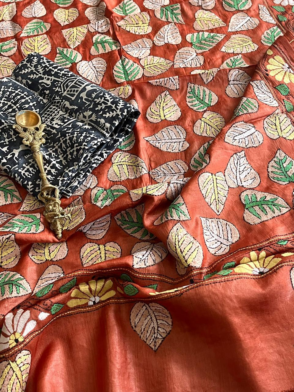 Hand Embroidered Kantha Silk Dupatta with Silk Kurta - With Black Kurta