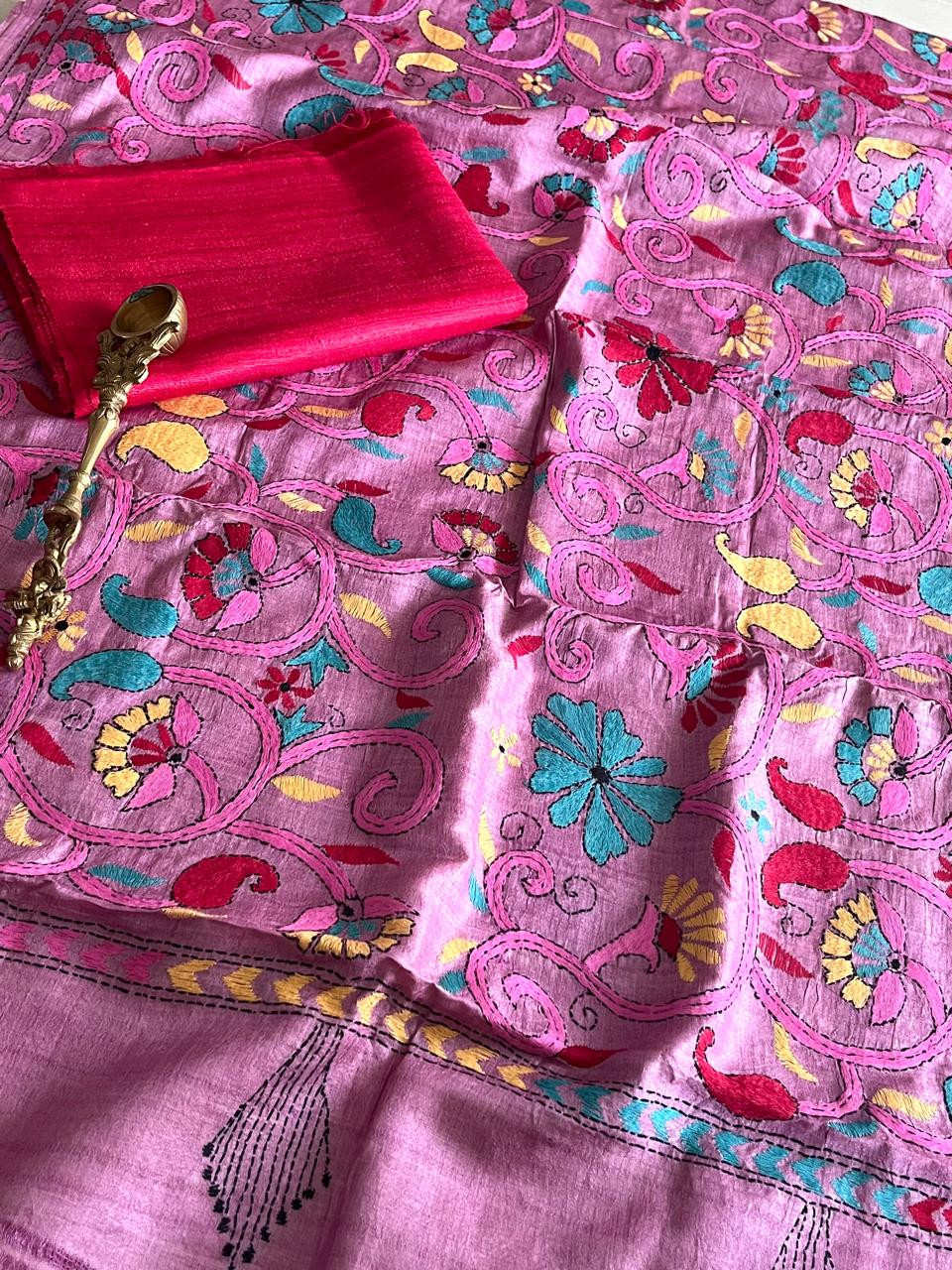 Hand Embroidered Kantha Silk Dupatta in Pink with Silk Kurta - With Red Kurta