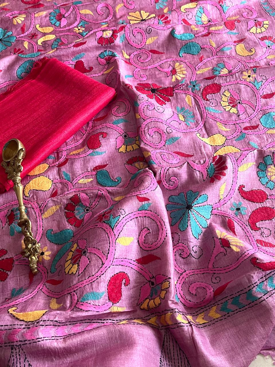 Hand Embroidered Kantha Silk Dupatta in Pink with Silk Kurta - With Red Kurta