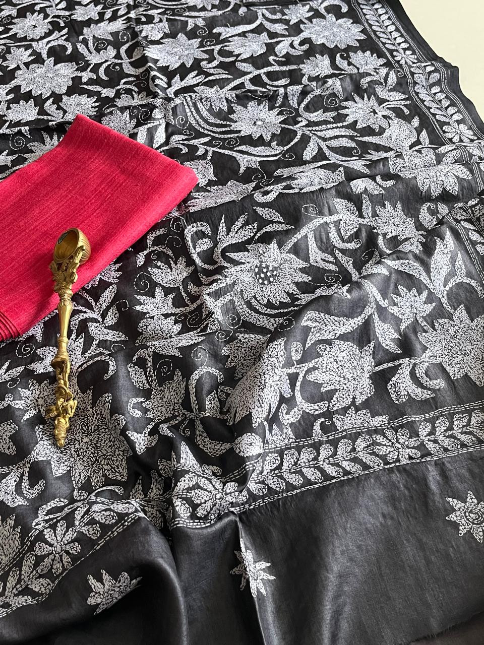 Hand Embroidered Kantha Silk Dupatta in Steel Grey with Silk Kurta - With Tomato Red Kurta