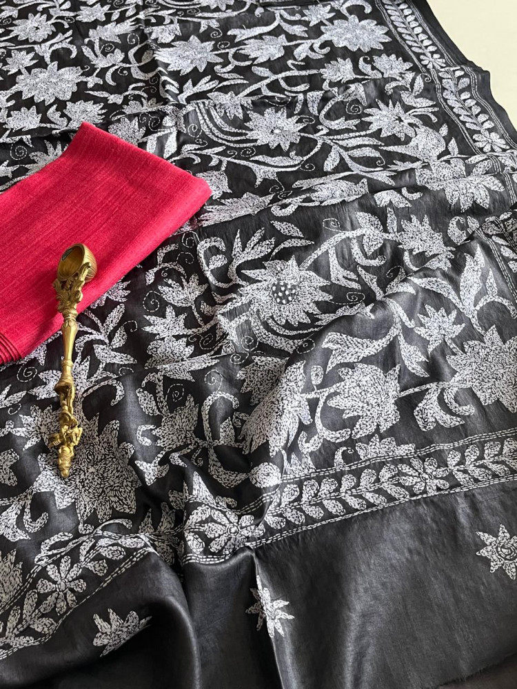 Image of Hand Embroidered Kantha Silk Dupatta in Steel Grey with Silk Kurta - With Tomato Red Kurta