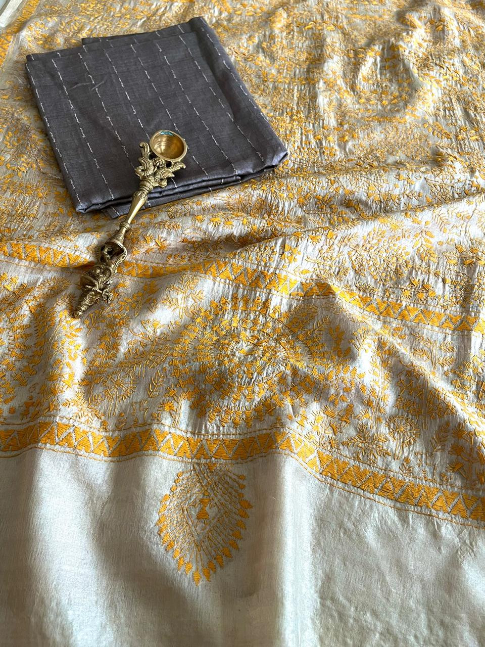 Hand Embroidered Kantha Silk Dupatta with Silk Kurta - With Grey Kurta