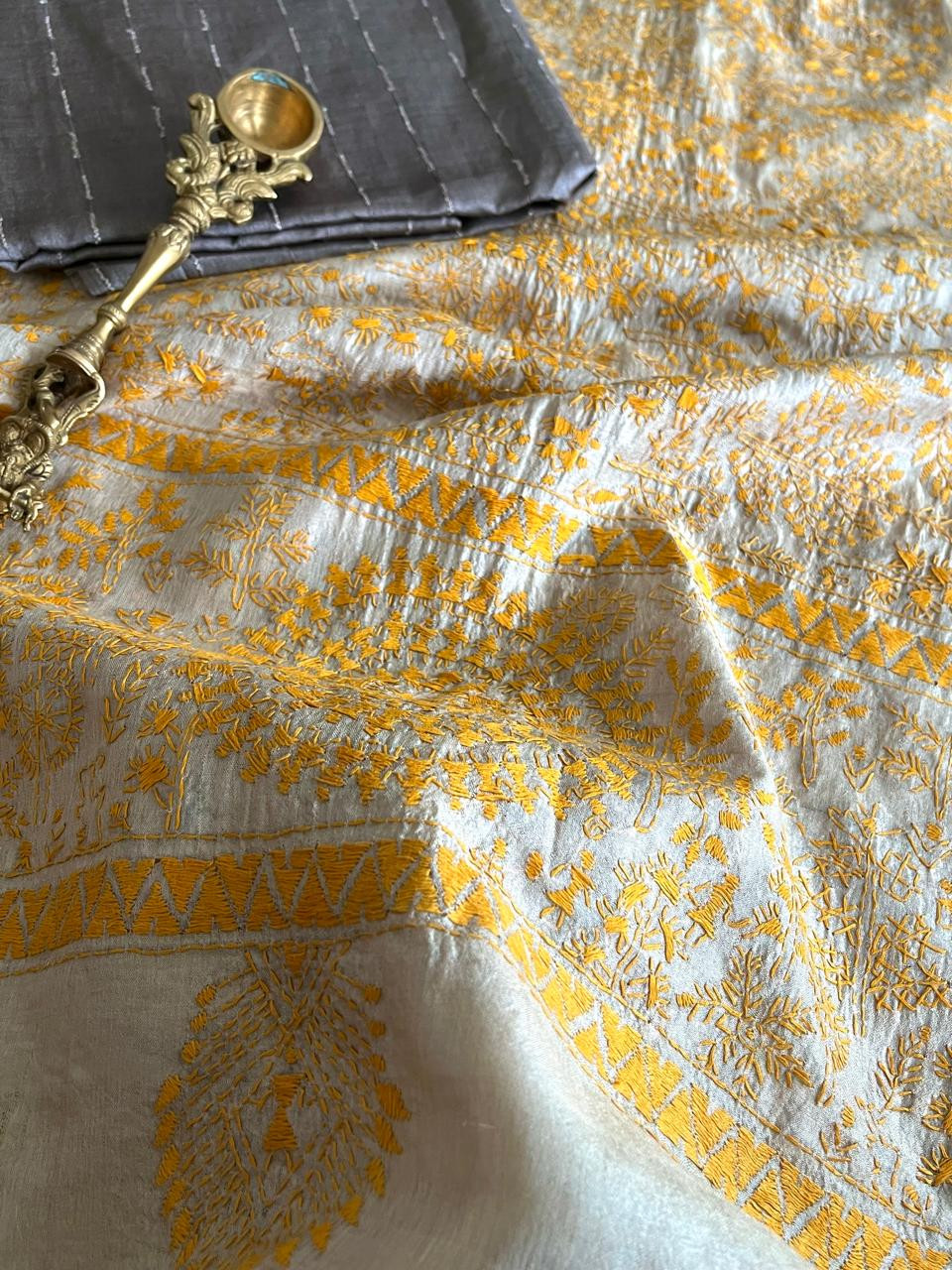 Hand Embroidered Kantha Silk Dupatta with Silk Kurta - With Grey Kurta