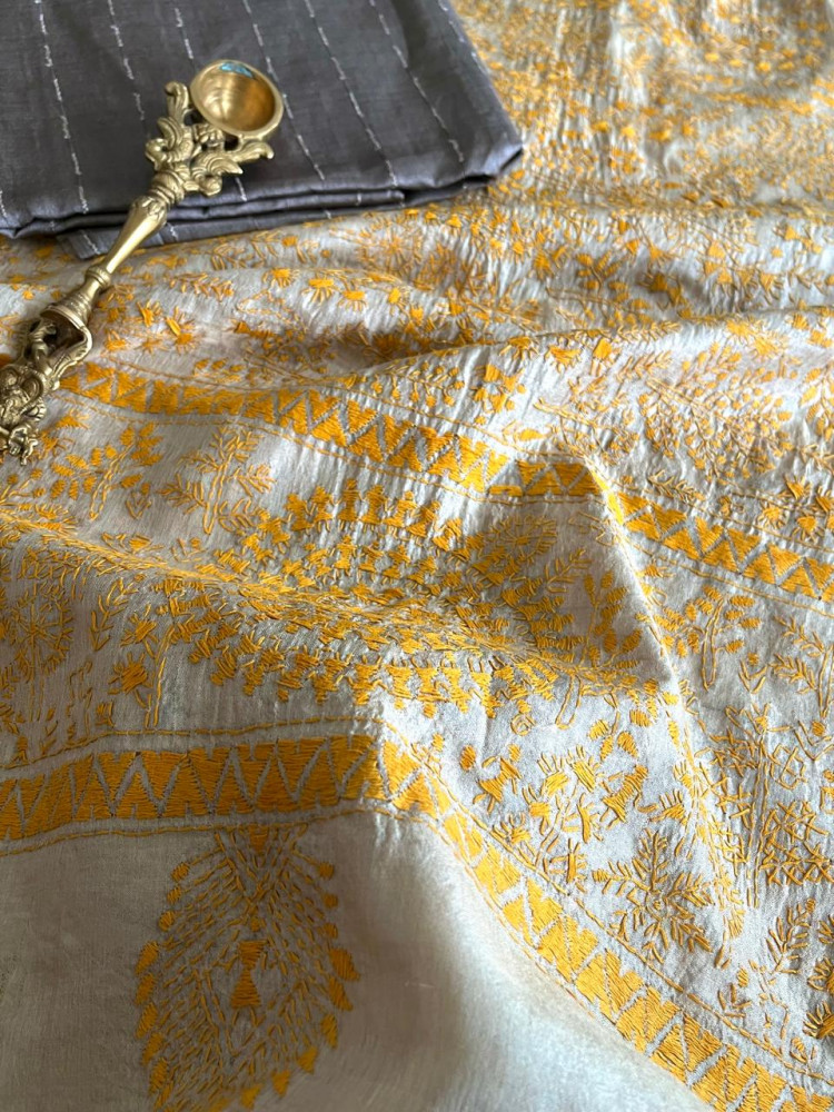 Image of Hand Embroidered Kantha Silk Dupatta with Silk Kurta - With Grey Kurta