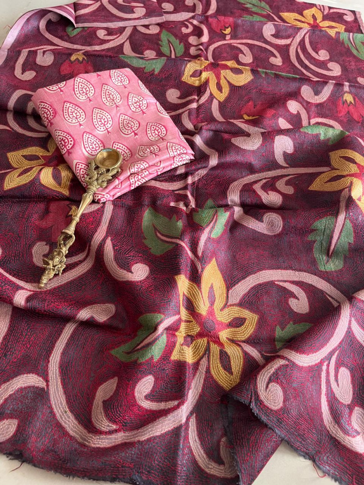 Image of Hand Embroidered Kantha Silk Dupatta with Silk Kurta - With Pink Kurta