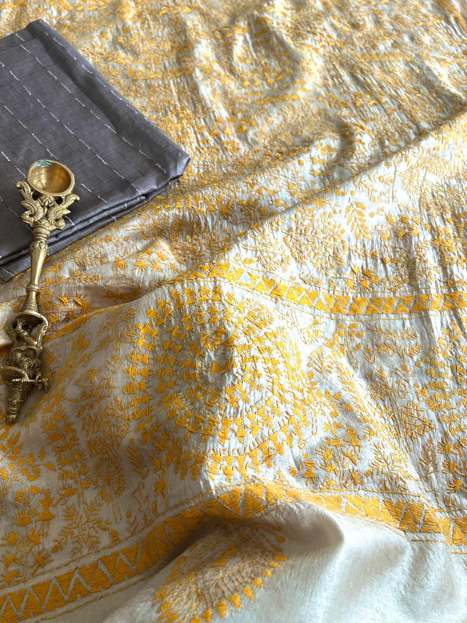 Hand Embroidered Kantha Silk Dupatta with Silk Kurta - With Grey Kurta