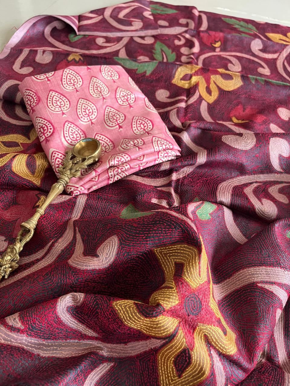 Hand Embroidered Kantha Silk Dupatta with Silk Kurta - With Pink Kurta