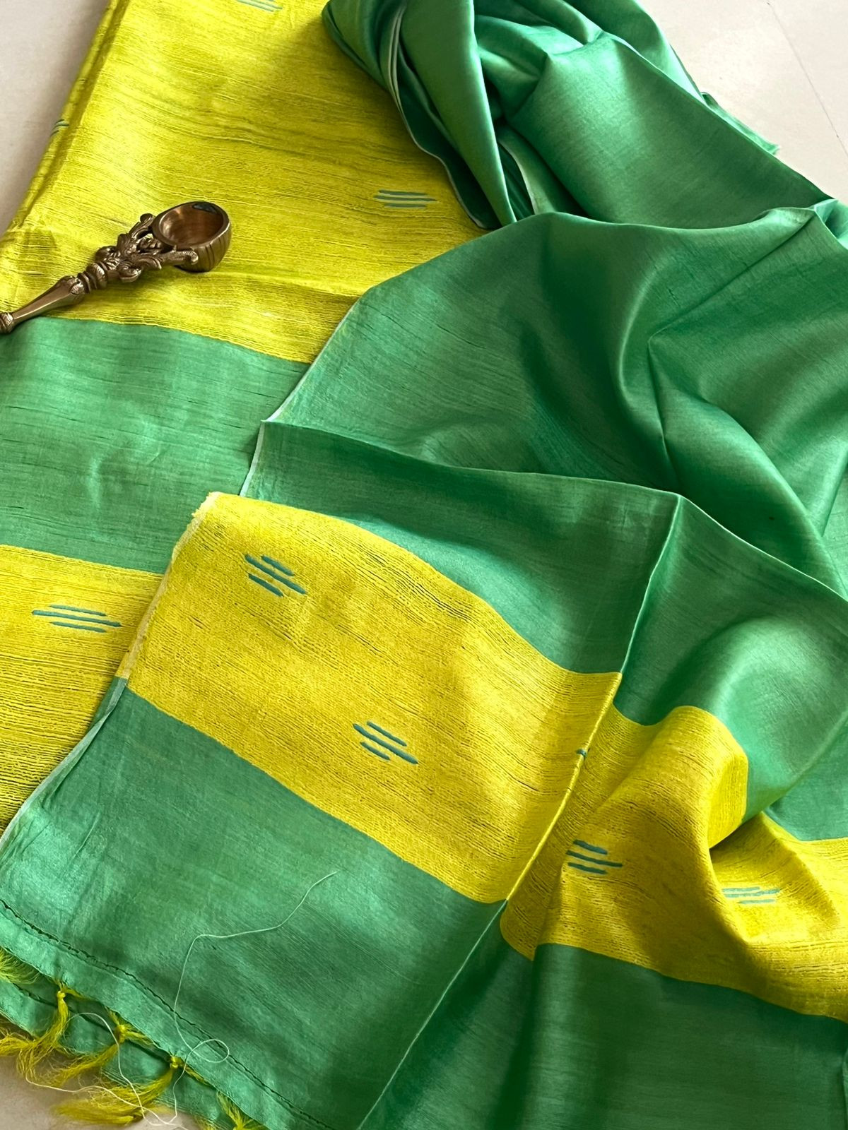 Pure Tussar Geecha Silk Handwoven Suits - Lime - Green
