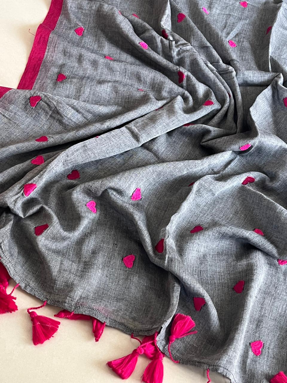 Soft and comfortable Pure Mul Mul Sarees with embroidered Hearts - Grey