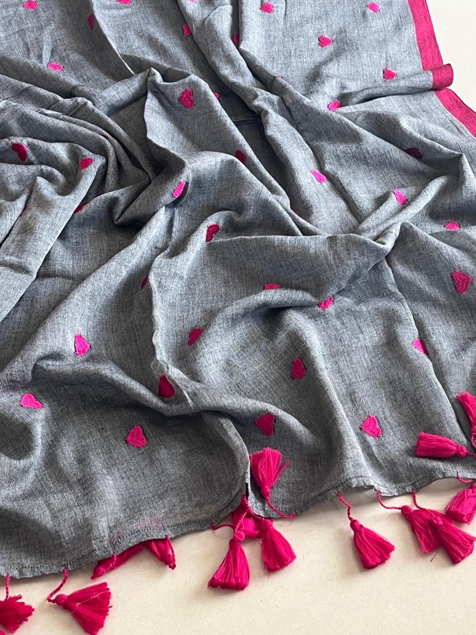 Soft and comfortable Pure Mul Mul Sarees with embroidered Hearts - Grey