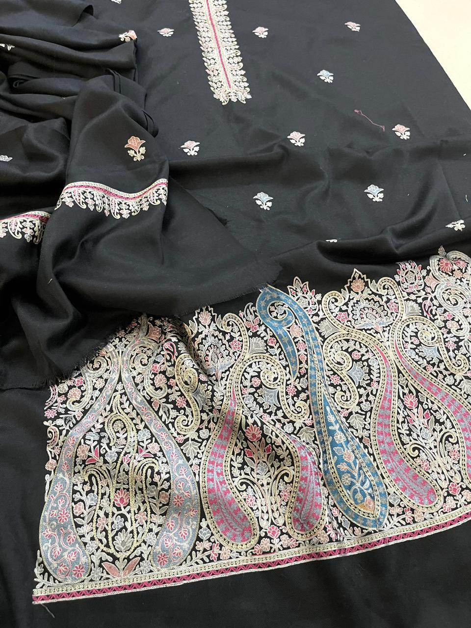 Woollen 3 piece Suit with Aari and Tilla Work - Black