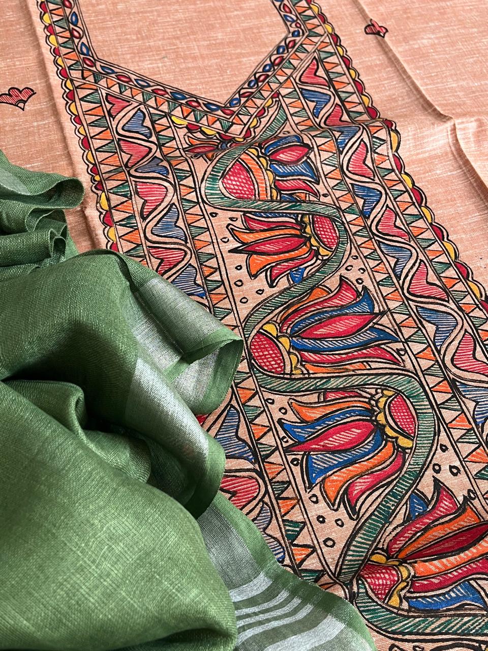 Beautiful and elegant Pure cotton Handpainted Madhubani Kurta Sets - With Green Dupatta