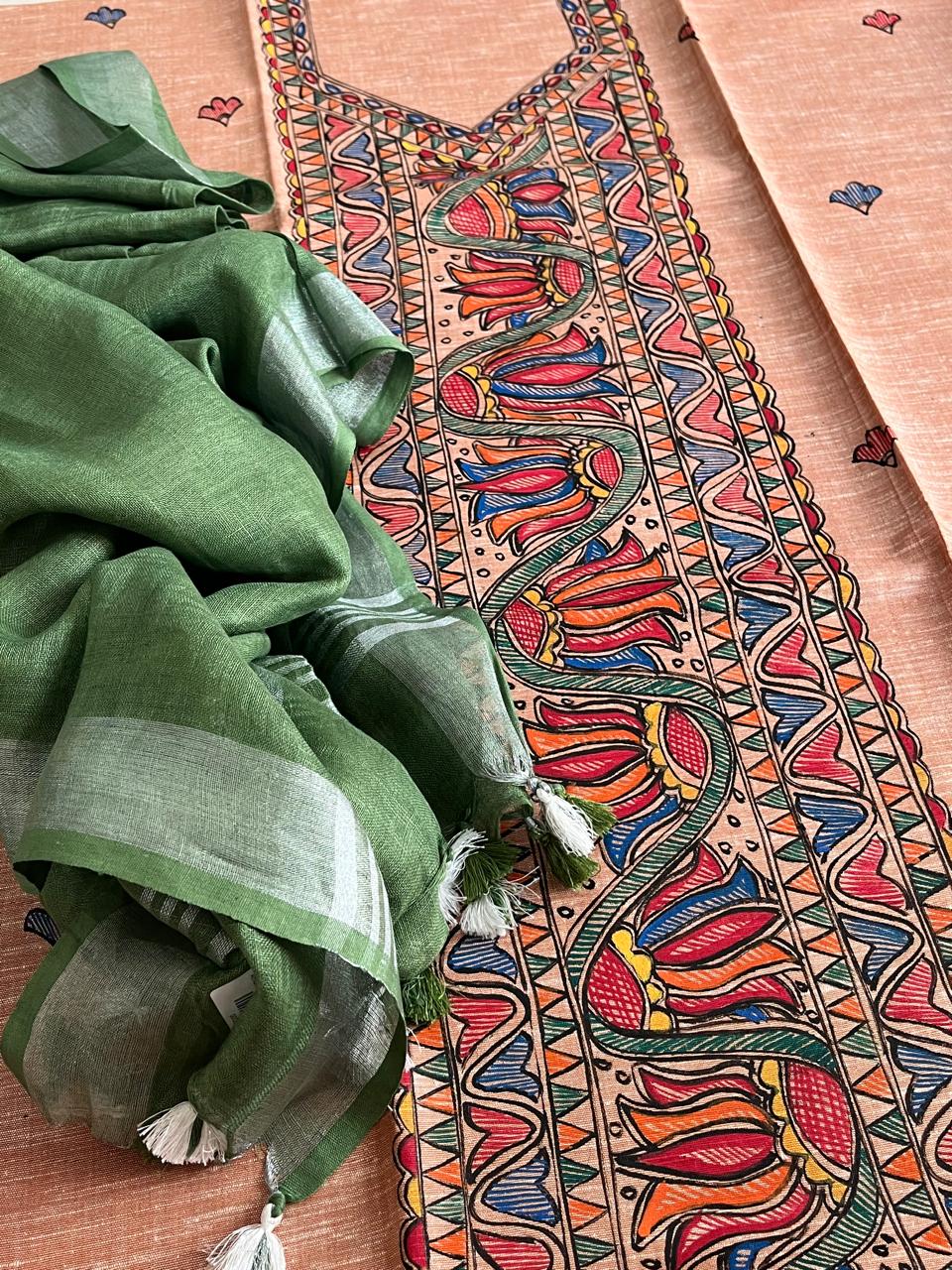 Beautiful and elegant Pure cotton Handpainted Madhubani Kurta Sets - With Green Dupatta