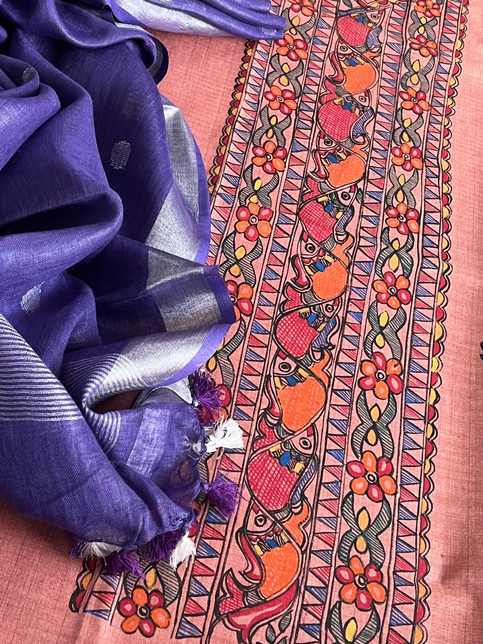 Beautiful and elegant Pure cotton Handpainted Madhubani Kurta Sets - with Purple Dupatta