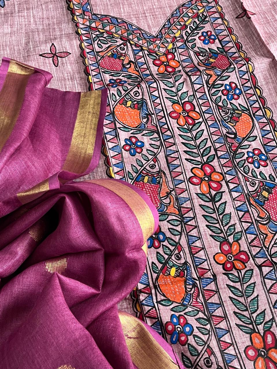 Beautiful and elegant Pure cotton Handpainted Madhubani Kurta Sets - With Plum Dupatta