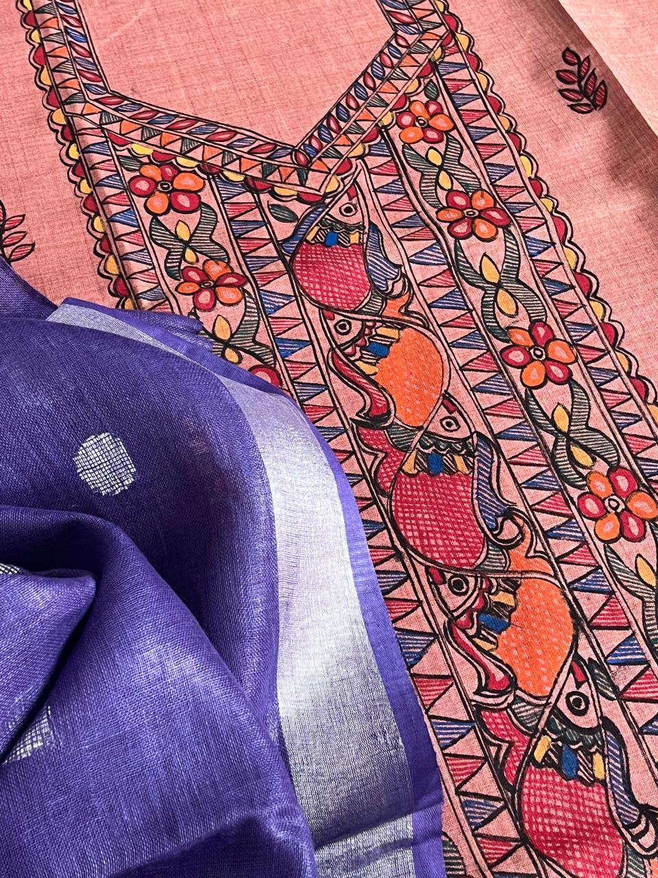 Beautiful and elegant Pure cotton Handpainted Madhubani Kurta Sets - with Purple Dupatta