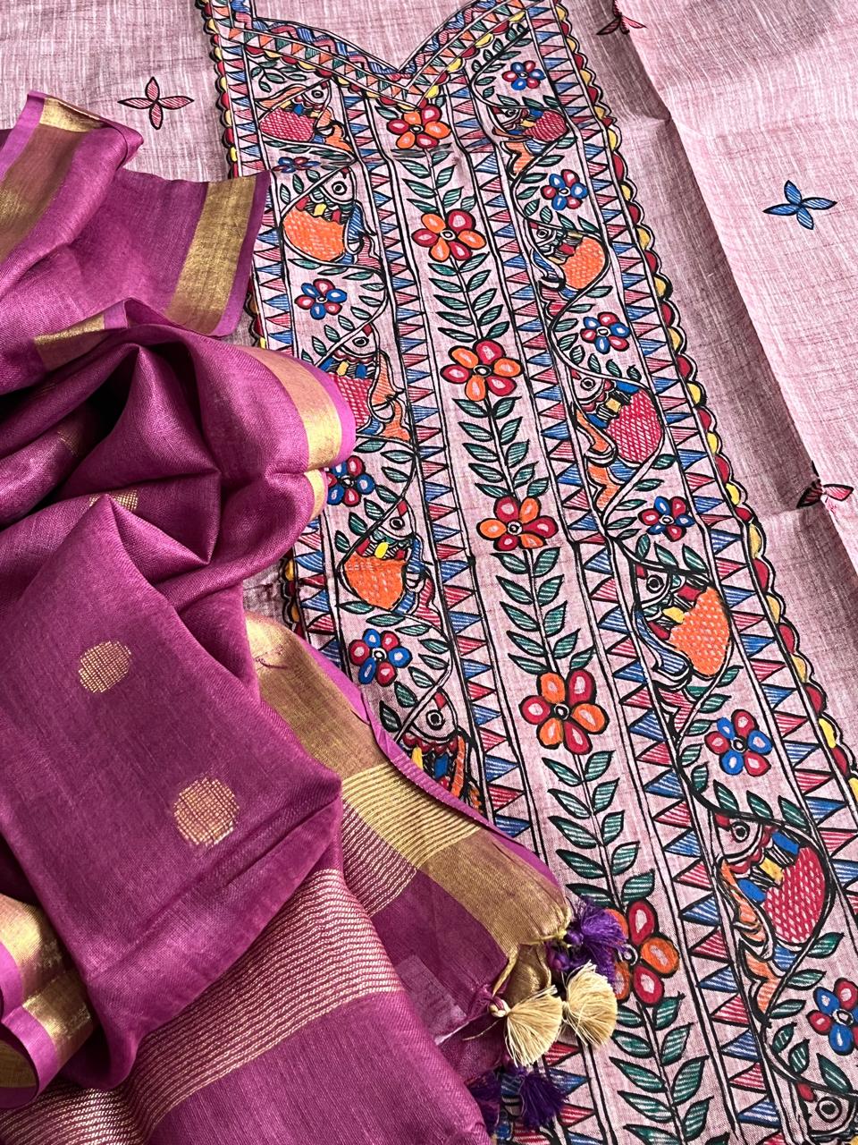 Beautiful and elegant Pure cotton Handpainted Madhubani Kurta Sets - With Plum Dupatta