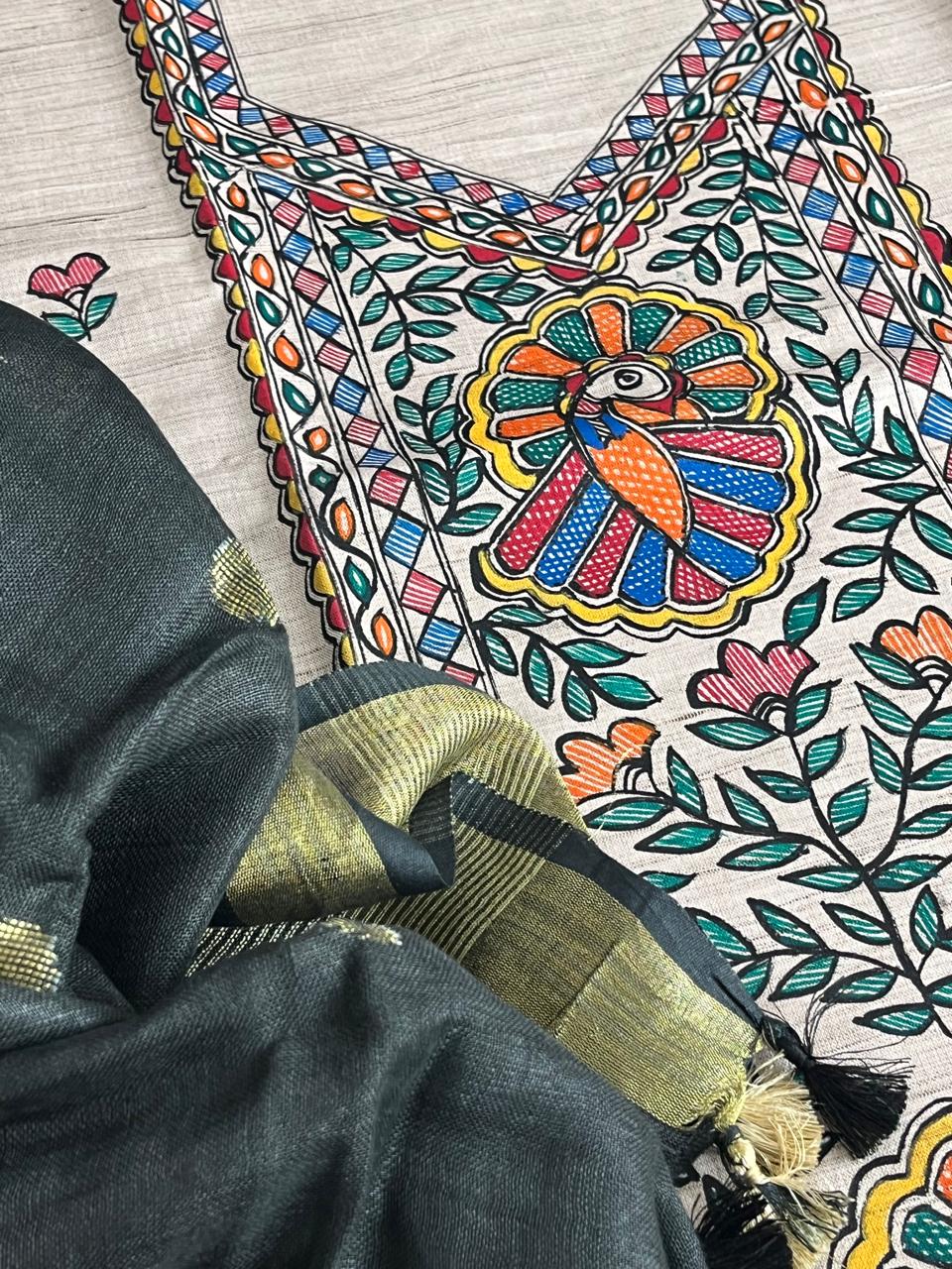 Beautiful and elegant Pure cotton Handpainted Madhubani Kurta Sets - With Black Dupatta