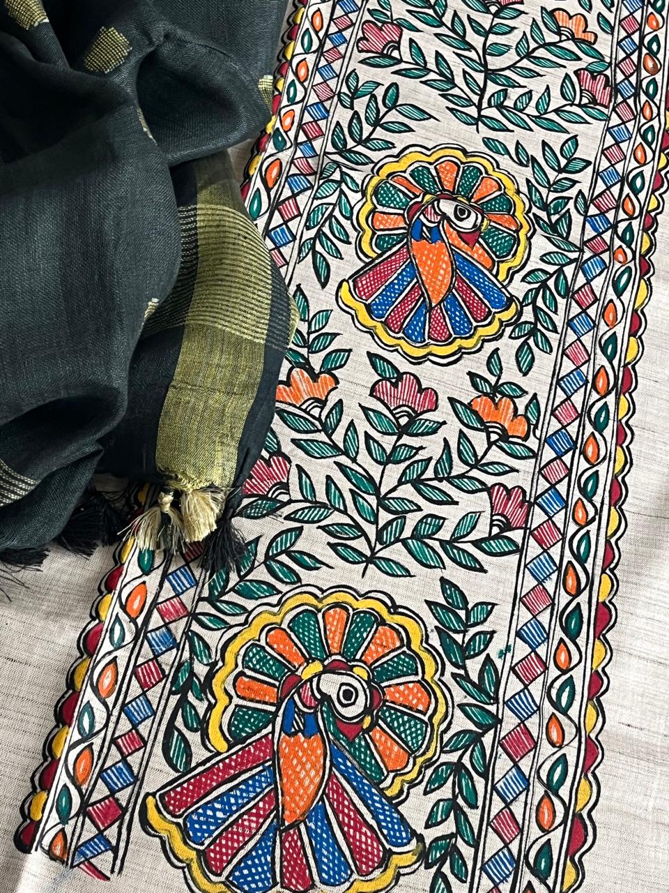 Beautiful and elegant Pure cotton Handpainted Madhubani Kurta Sets - With Black Dupatta