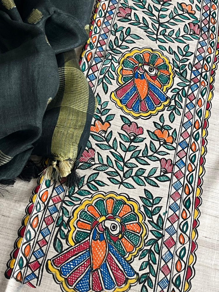 Image of Beautiful and elegant Pure cotton Handpainted Madhubani Kurta Sets - With Black Dupatta