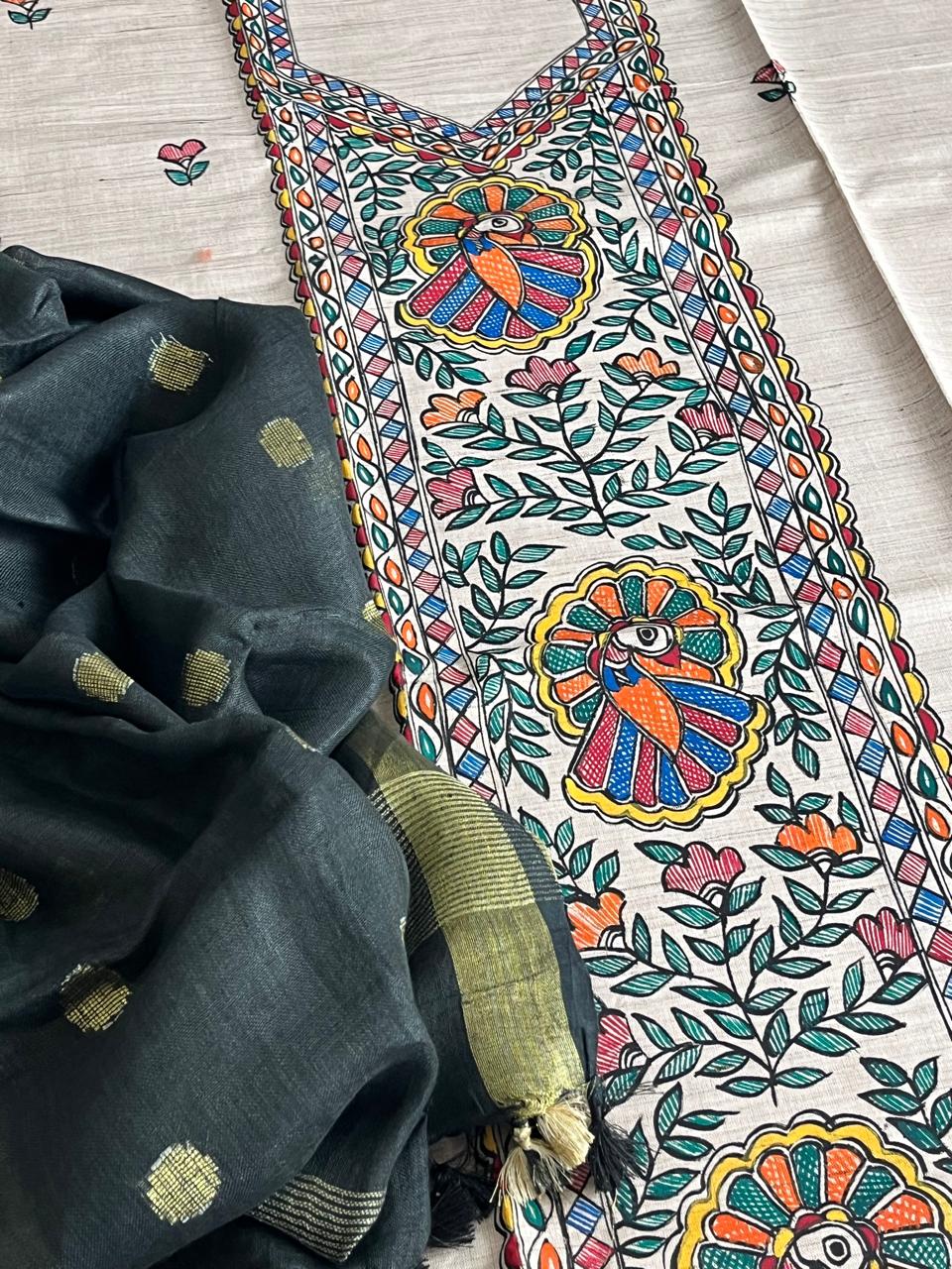 Beautiful and elegant Pure cotton Handpainted Madhubani Kurta Sets - With Black Dupatta