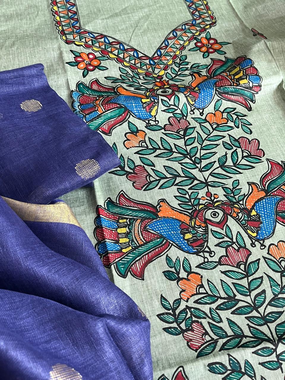 Beautiful and elegant Pure cotton Handpainted Madhubani Kurta Sets - With Navy Blue Dupatta
