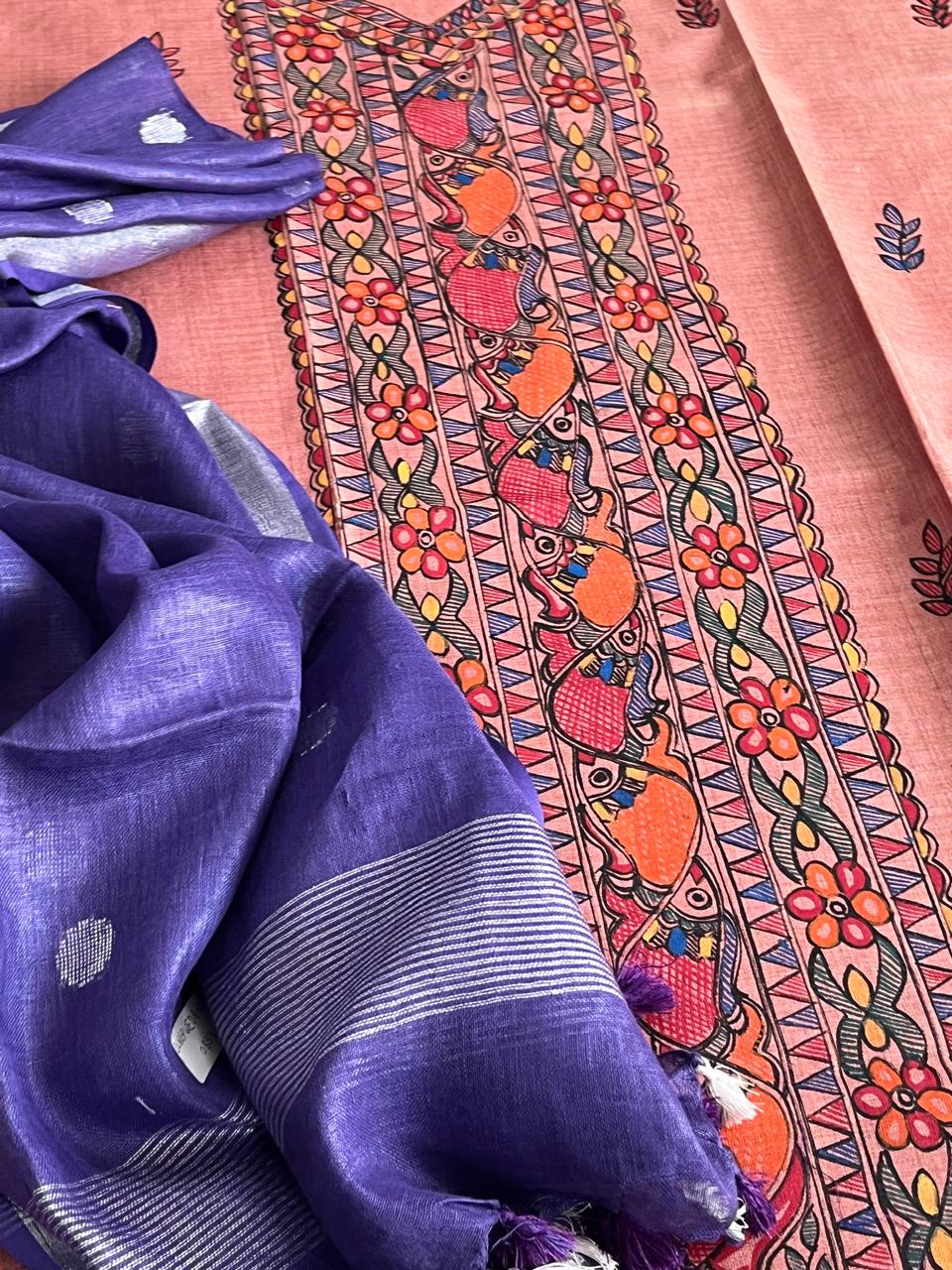 Beautiful and elegant Pure cotton Handpainted Madhubani Kurta Sets - with Purple Dupatta