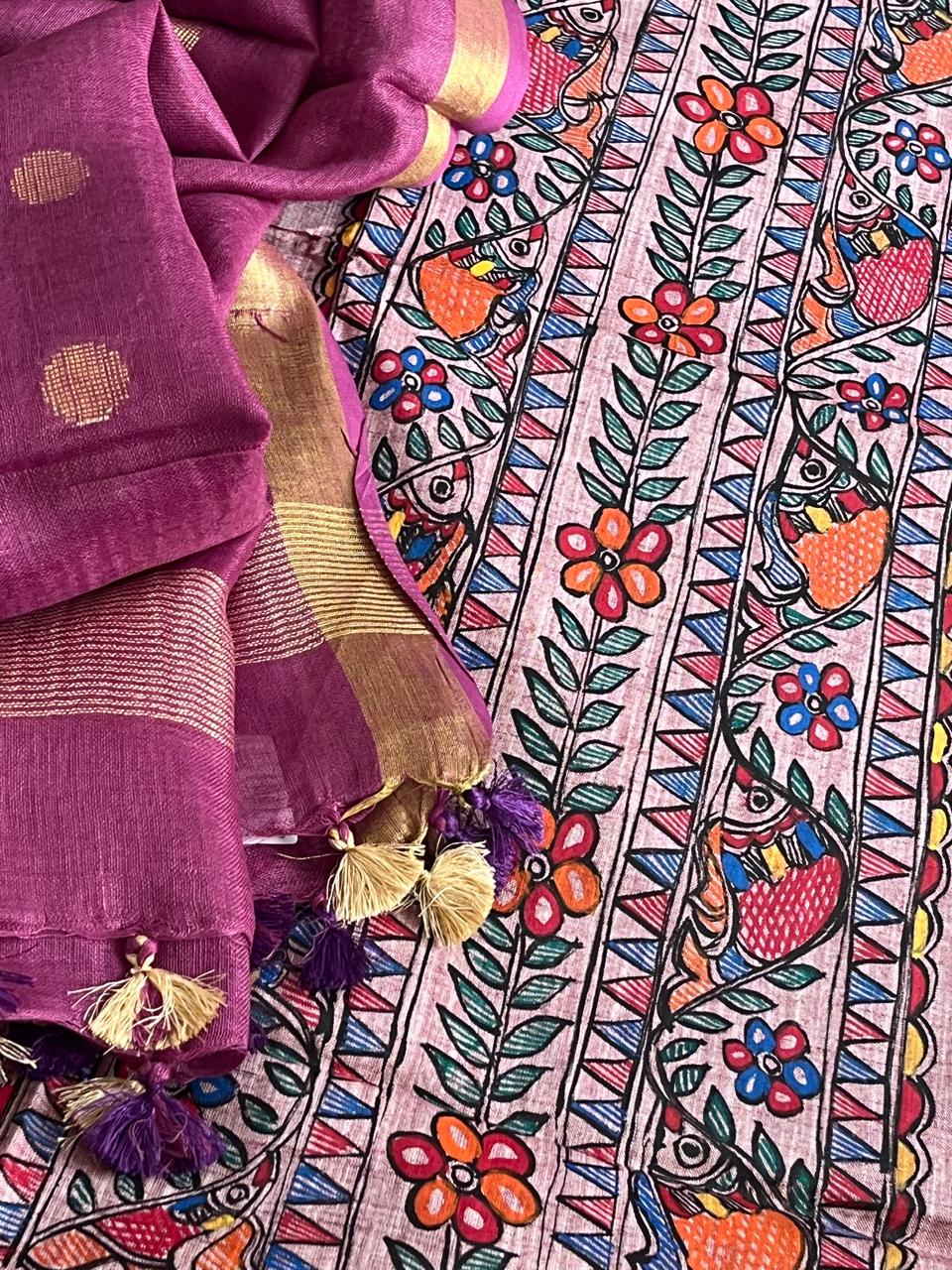 Beautiful and elegant Pure cotton Handpainted Madhubani Kurta Sets - With Plum Dupatta