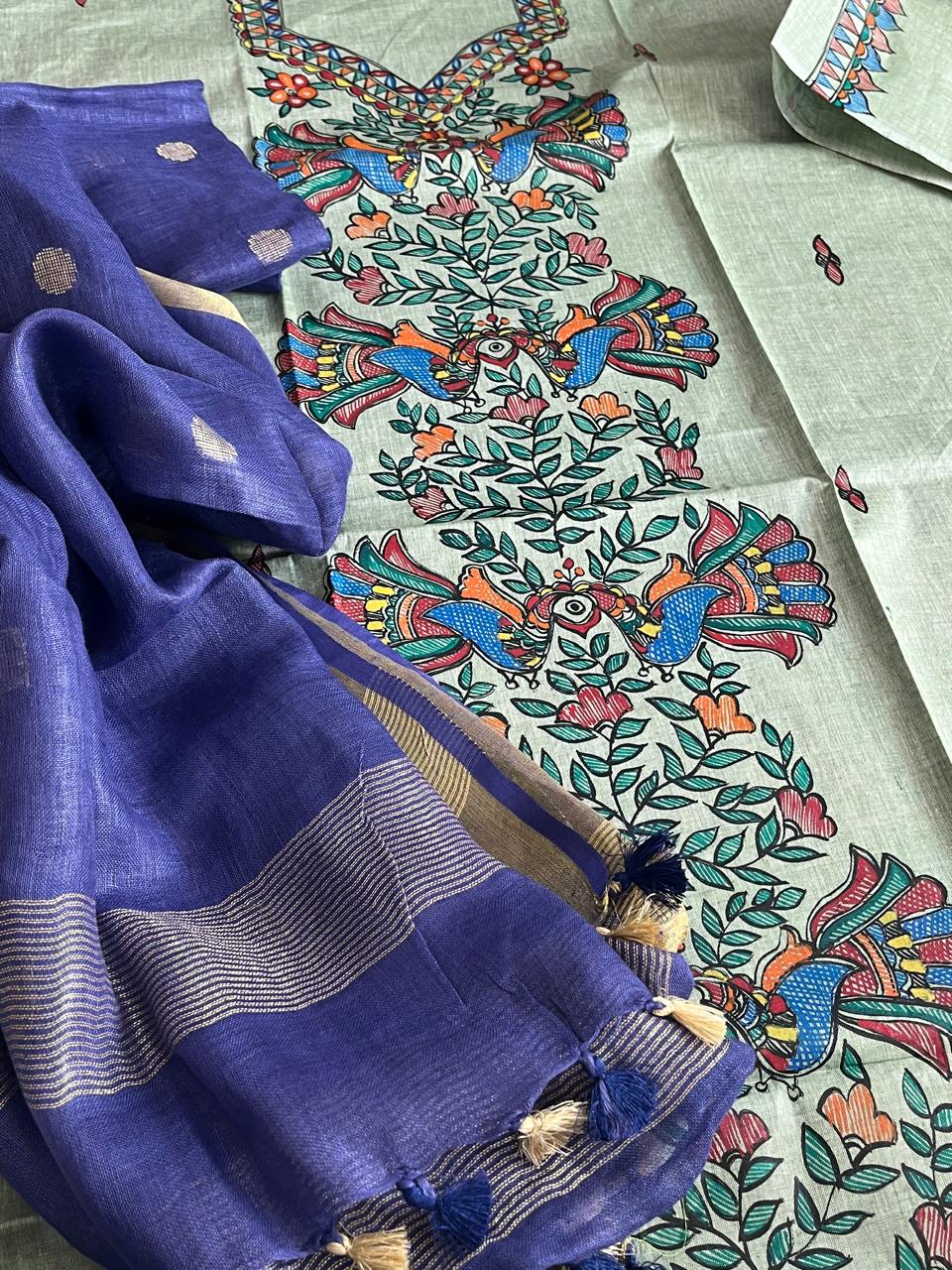 Beautiful and elegant Pure cotton Handpainted Madhubani Kurta Sets - With Navy Blue Dupatta