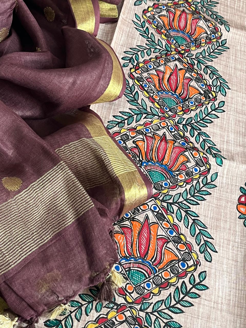 Beautiful and elegant Pure cotton Handpainted Madhubani Kurta Sets - Wine Dupatta