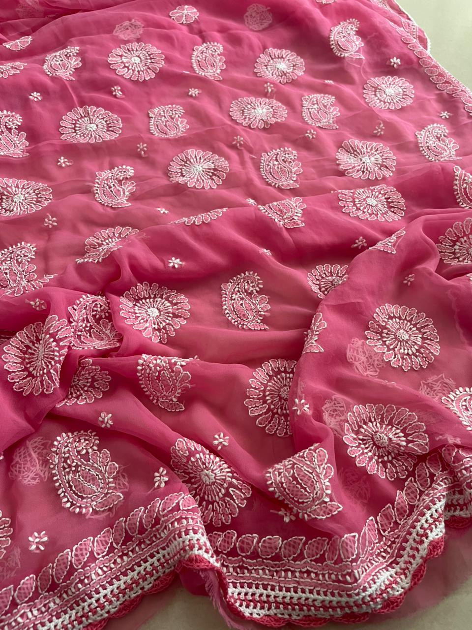 Georgette Chikankari Handwork Saree - Pastel Pink