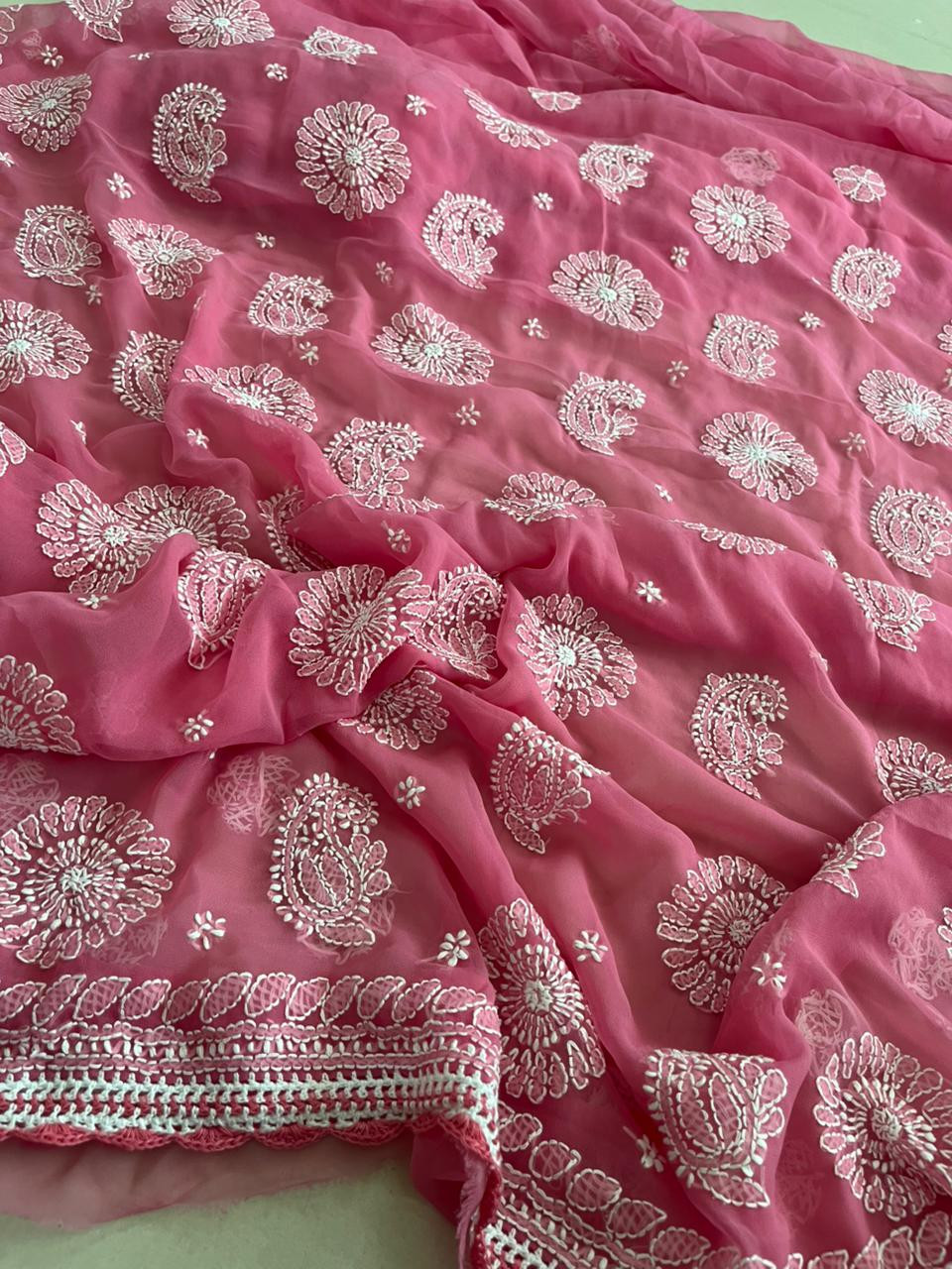 Georgette Chikankari Handwork Saree - Pastel Pink