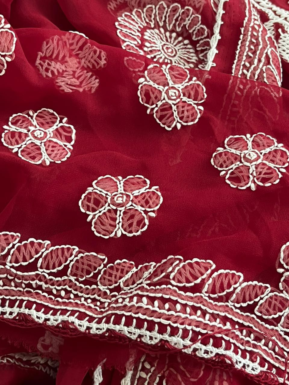 Georgette Chikankari Handwork Saree - Red