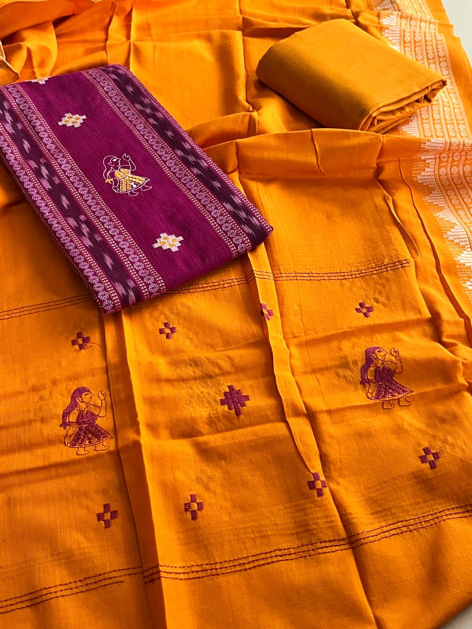 Pure Cotton Sambhalpuri Weave 3 Piece Suit - Pink Yellow