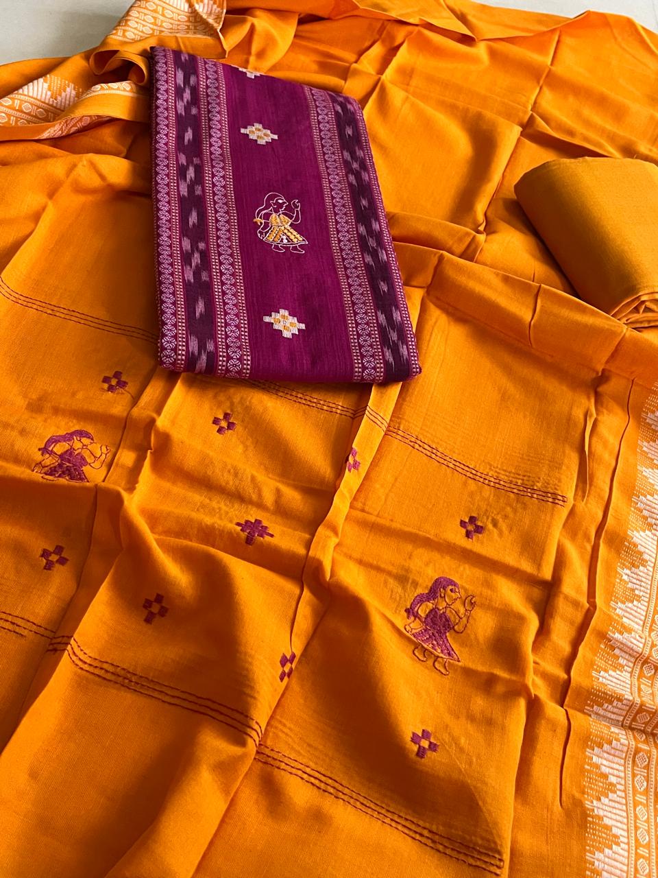 Pure Cotton Sambhalpuri Weave 3 Piece Suit - Pink Yellow