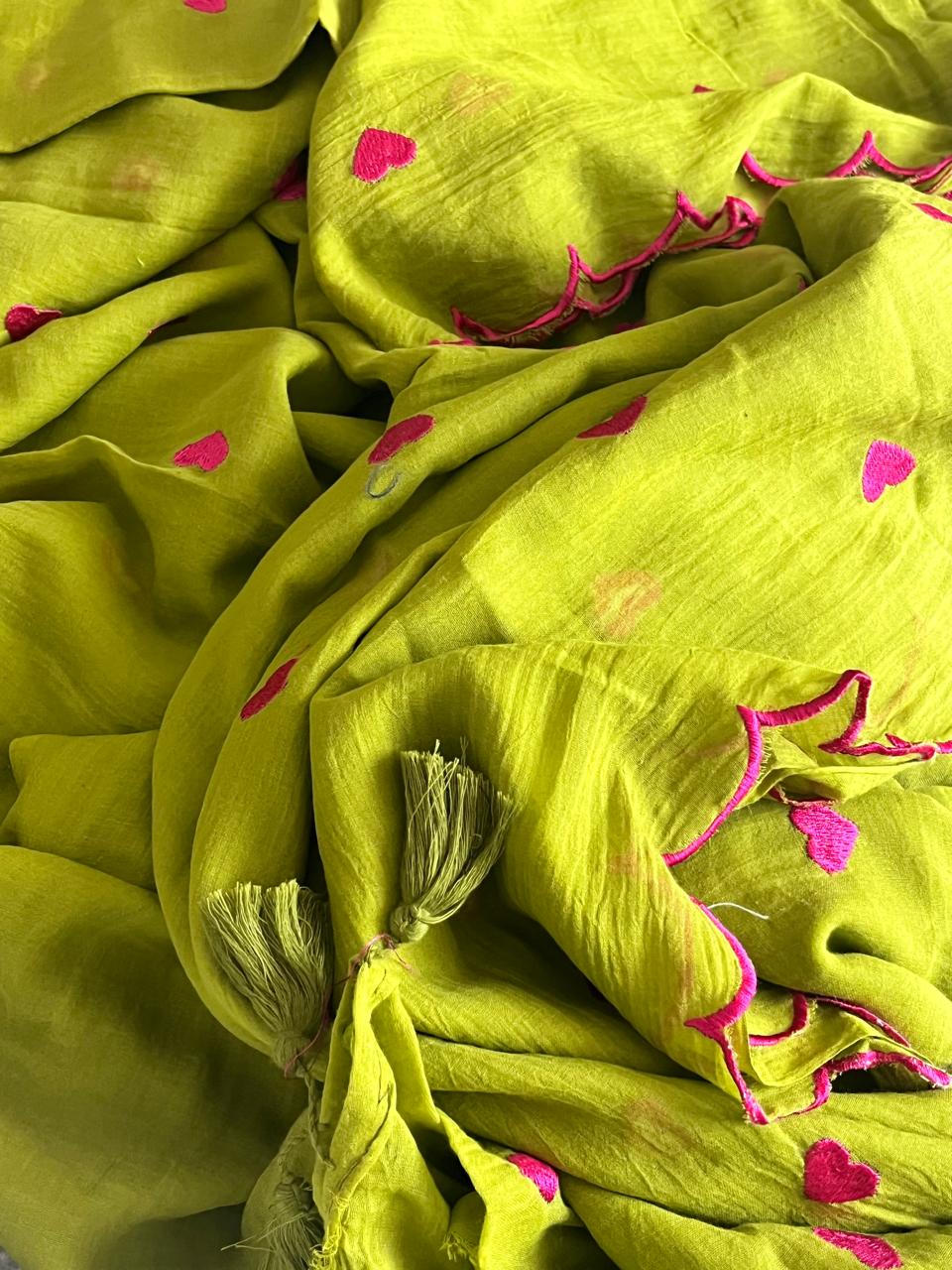 Soft and comfortable Pure Mul Mul Sarees with embroidered Hearts - Lime Green