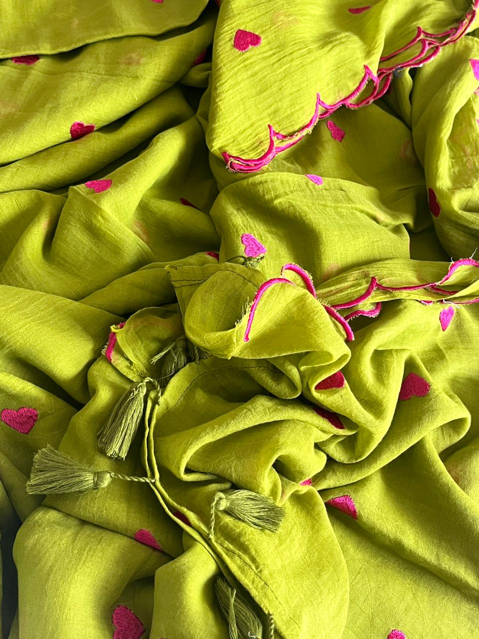 Soft and comfortable Pure Mul Mul Sarees with embroidered Hearts - Lime Green