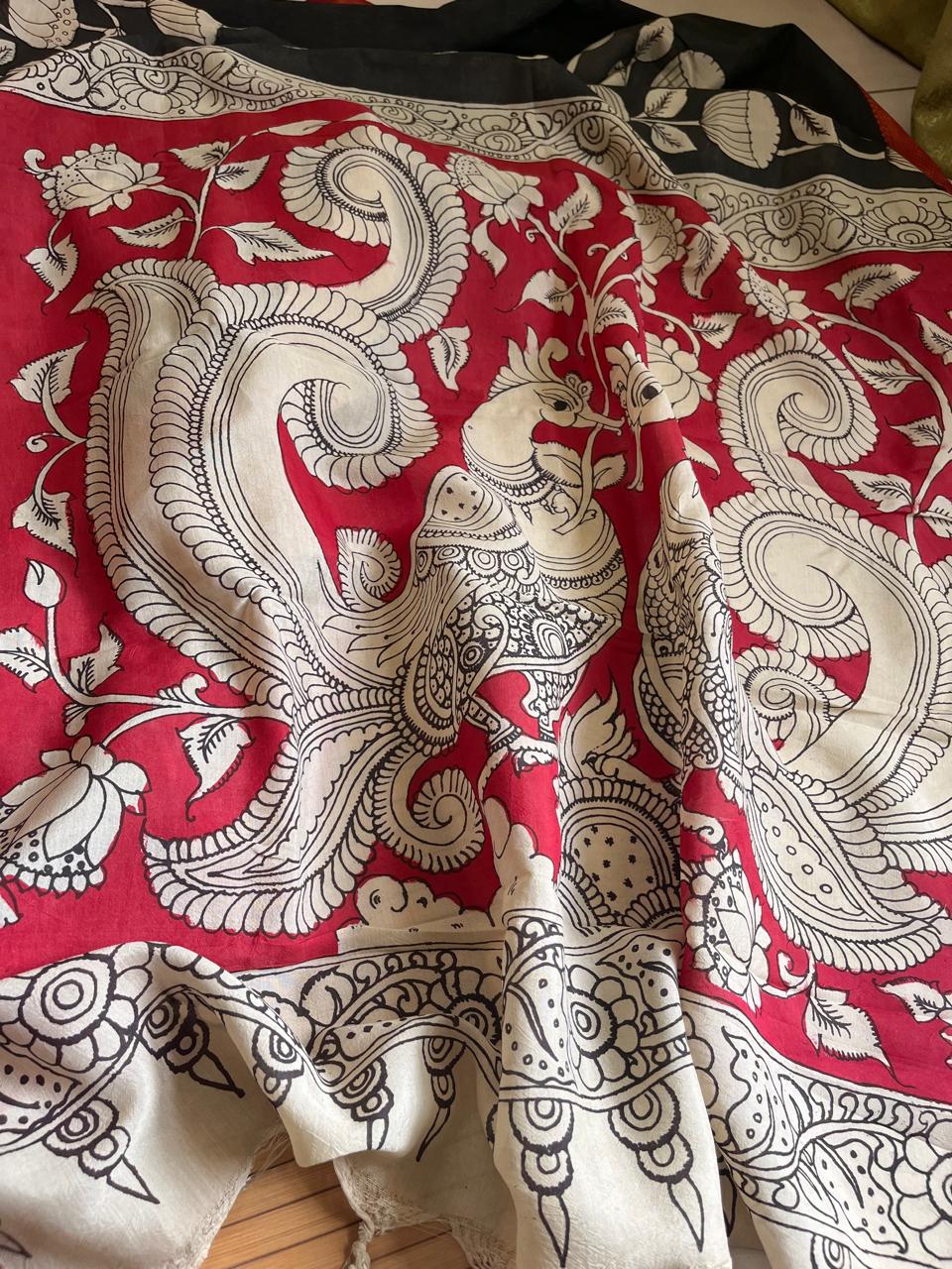 Bangalore Silk Hand Painted Kalamkari Saree with Resham Border - Black with Red