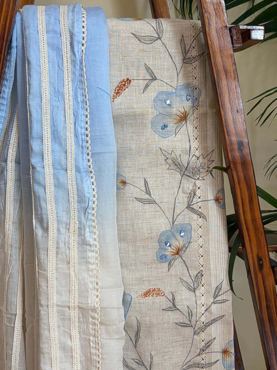 Beautiful Cotton 3 piece Suit with Print and Mirrors - Blue
