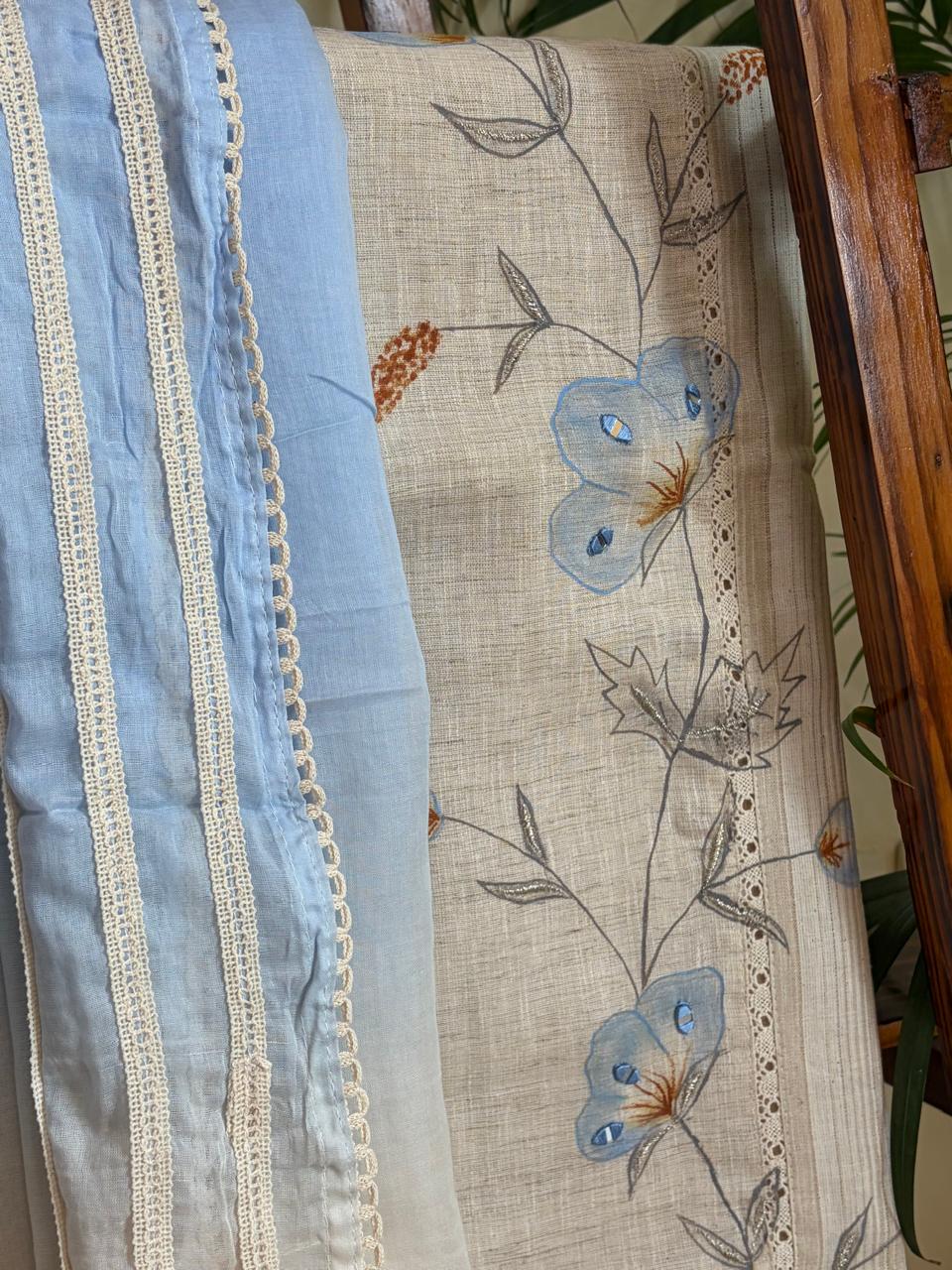 Beautiful Cotton 3 piece Suit with Print and Mirrors - Blue