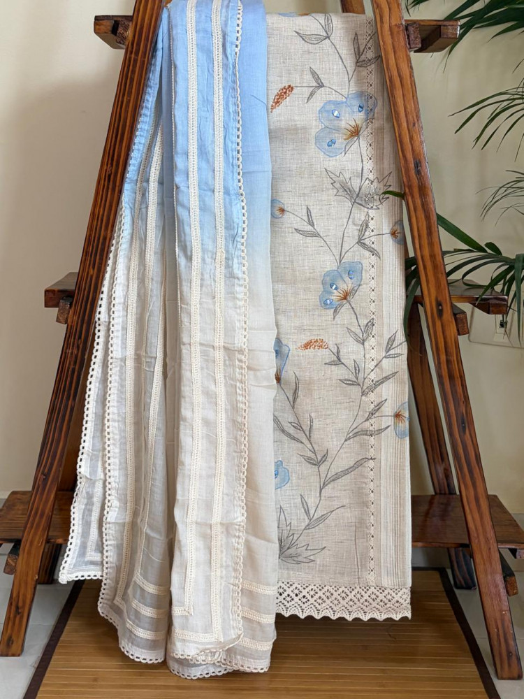 Image of Beautiful Cotton 3 piece Suit with Print and Mirrors - Blue