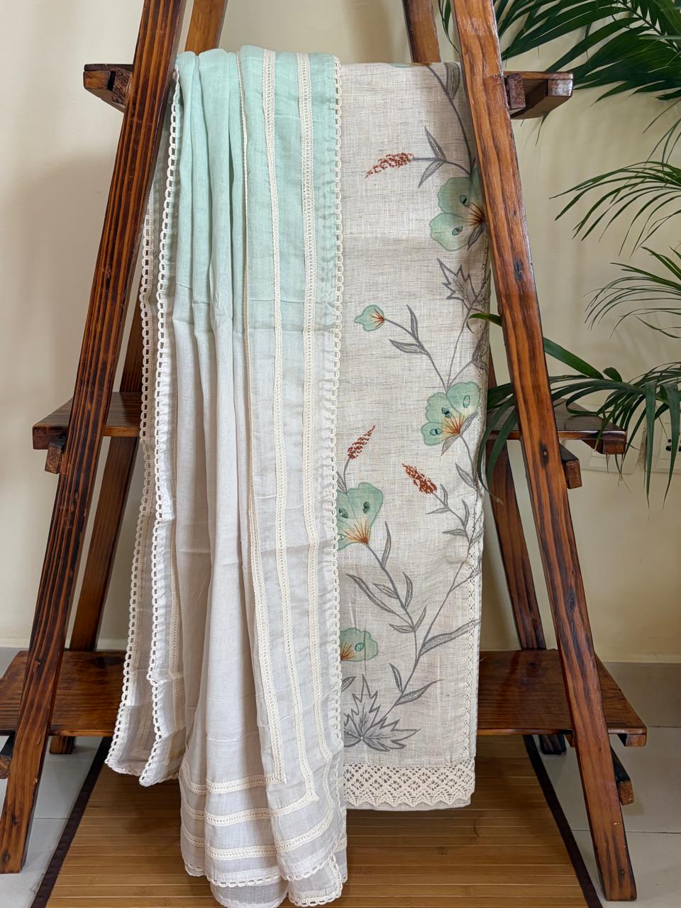 Beautiful Cotton 3 piece Suit with Print and Mirrors - Sea Green