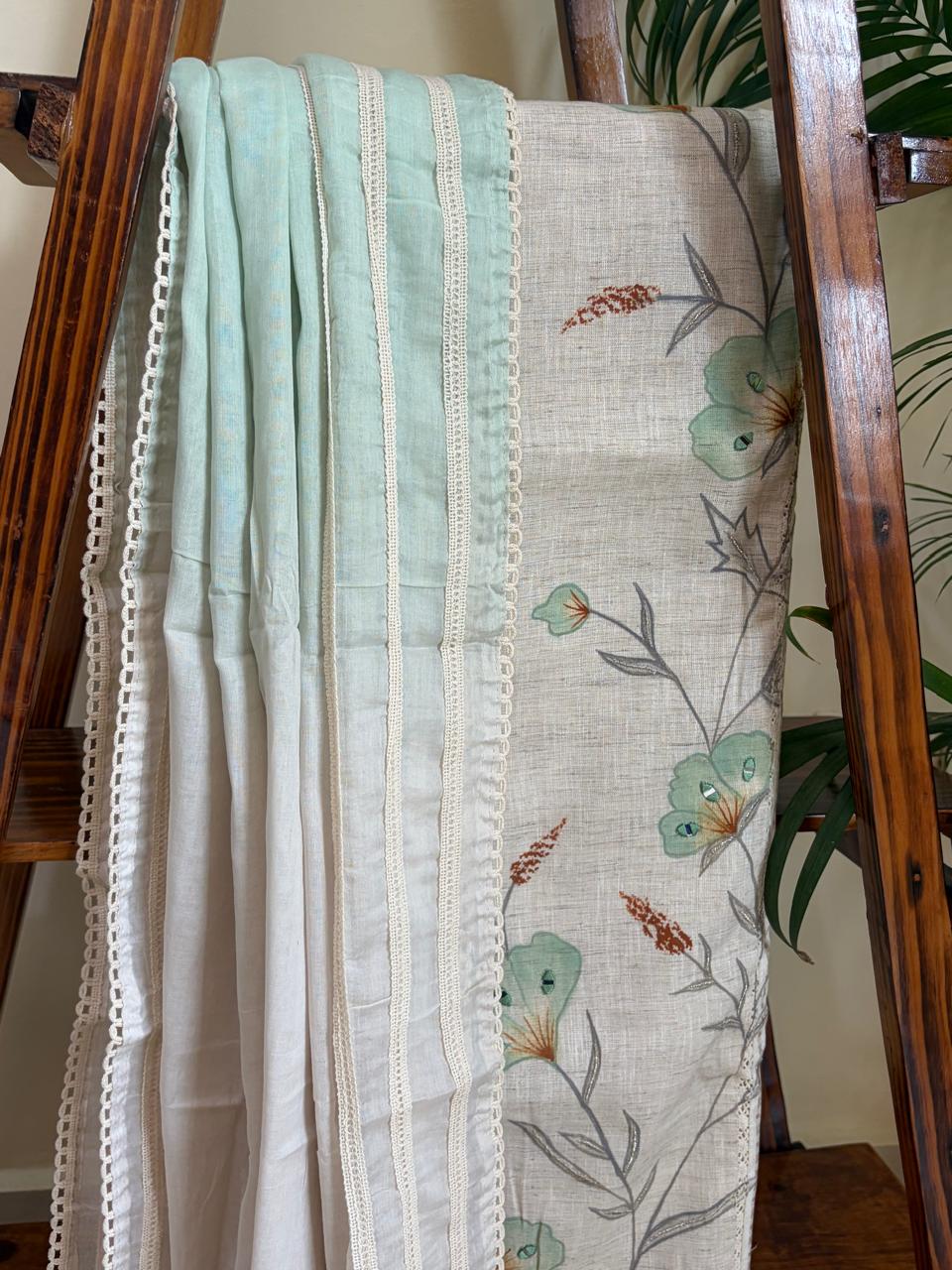 Beautiful Cotton 3 piece Suit with Print and Mirrors - Sea Green