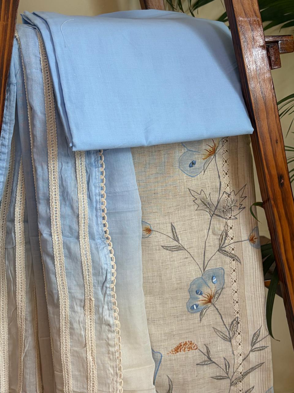 Beautiful Cotton 3 piece Suit with Print and Mirrors - Blue