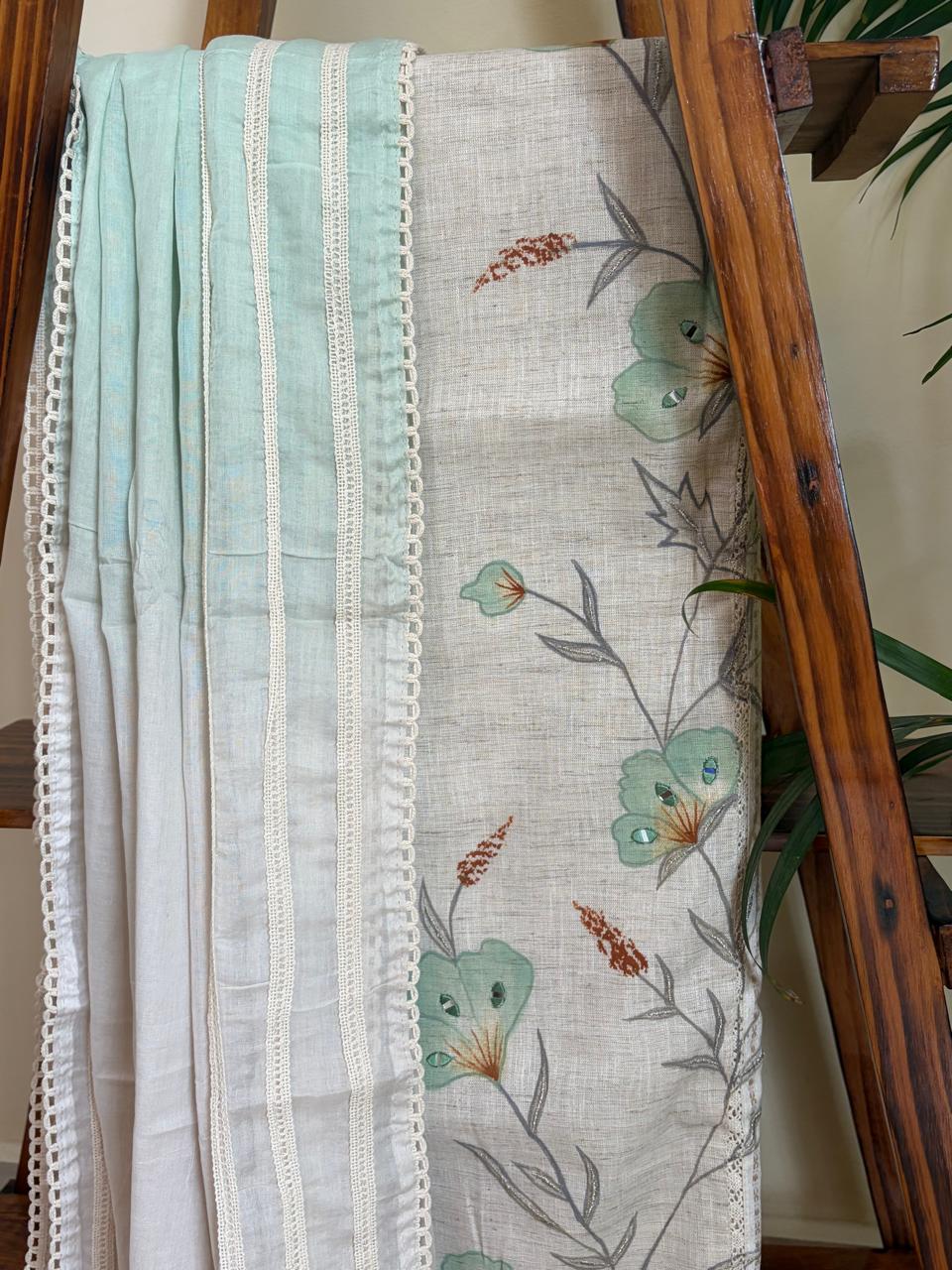 Beautiful Cotton 3 piece Suit with Print and Mirrors - Sea Green